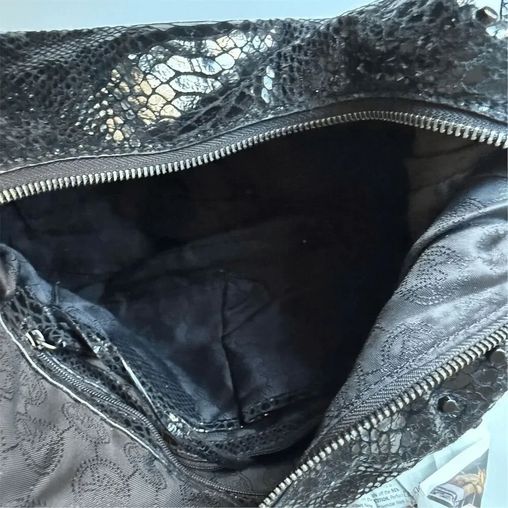 MK Rhea Chrystal Black Snake Studded Hobo Crossbody Bag Fringe Rockstar Cowgirl - Picture 7 of 8